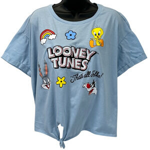 Looney Tunes Crop Top Tie Front T Shirt Womens 3XL 21 Thats All Folks Tee Blue